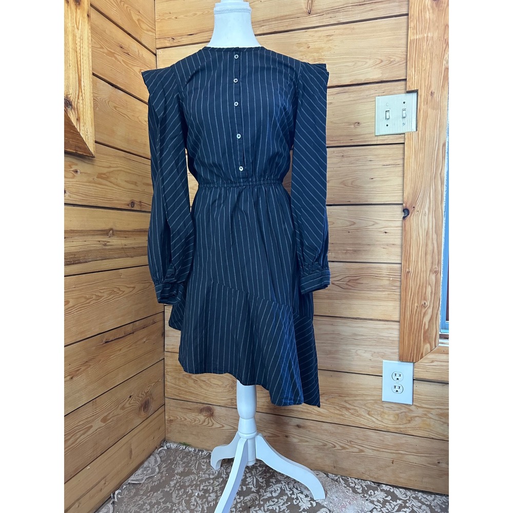 Joie Black Pinstripe Asymmetric Ruffle Cotton Midi Dress Small DR01326 Farmhouse